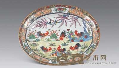 清 广彩斗鸡纹盘 口径37cm；底径28cm